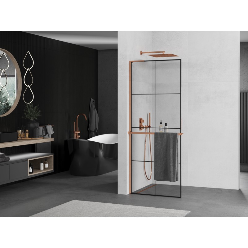 Mexen Kioto+ L Duschwand mit Regal Walk-in 80 x 200 cm, schwarzes Gitter, Roségold - 800-080-123-60-77
