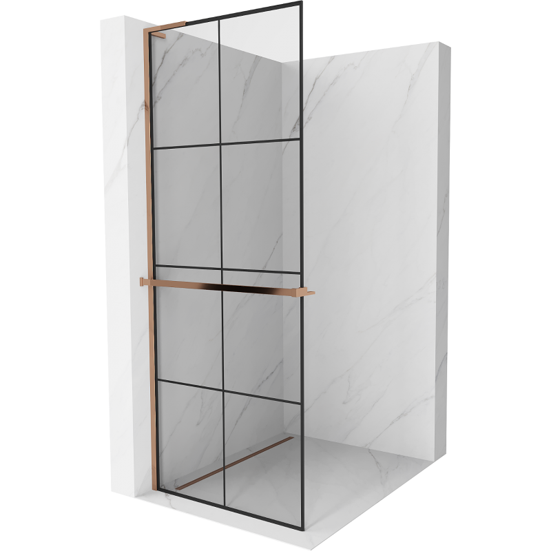 Mexen Kioto+ L Duschwand mit Regal Walk-in 90 x 200 cm, schwarzes Raster, Roségold - 800-090-123-60-77
