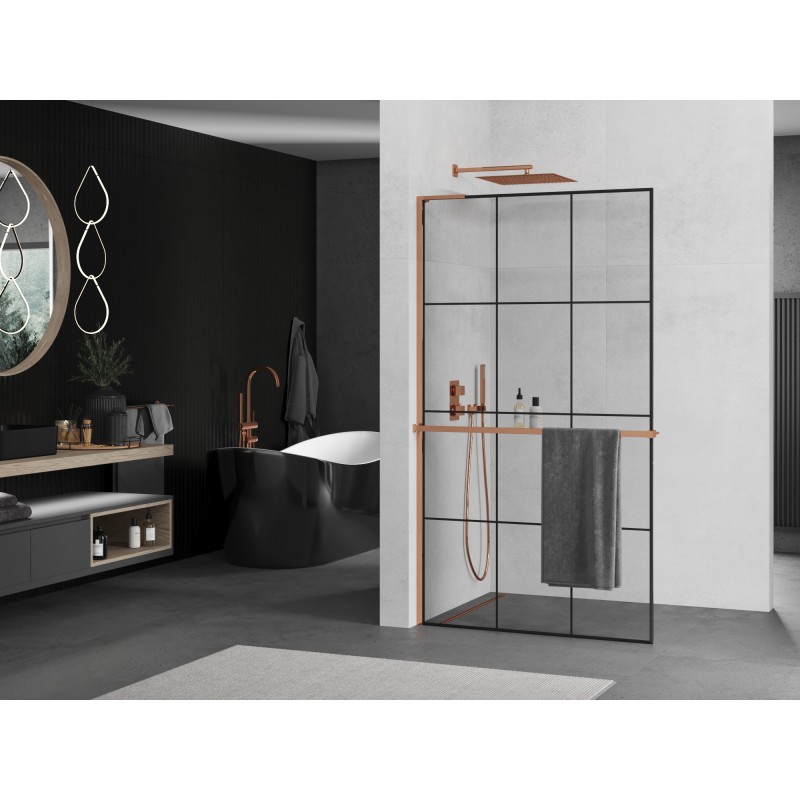 Mexen Kioto+ L Duschwand mit Ablage Walk-in 110 x 200 cm, schwarzes Gitter, Roségold - 800-110-123-60-77
