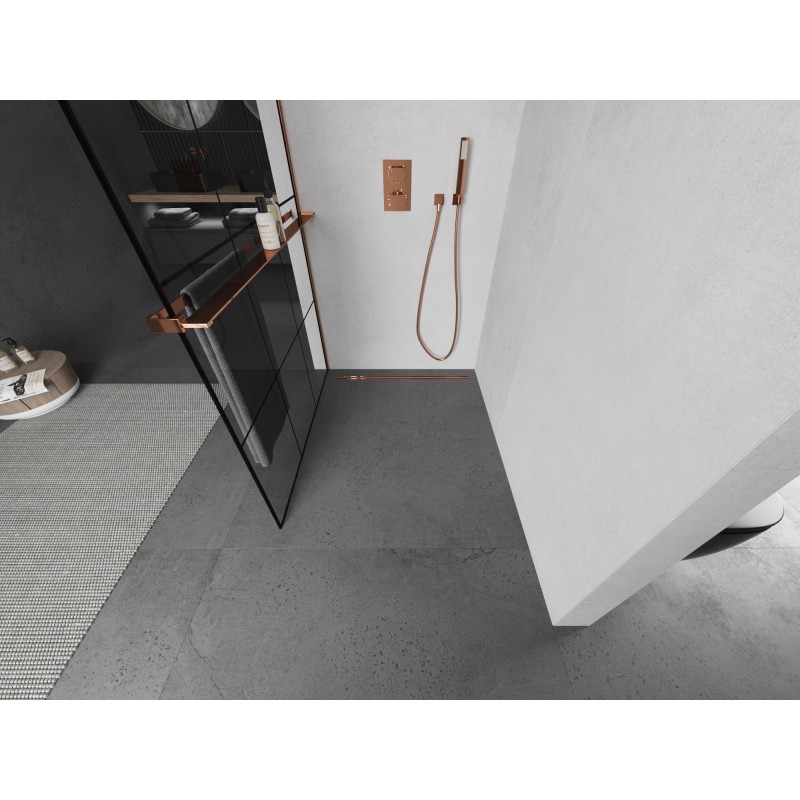 Mexen Kioto+ L Duschwand mit Ablage Walk-in 110 x 200 cm, schwarzes Gitter, Roségold - 800-110-123-60-77