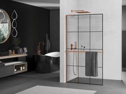Mexen Kioto+ L Duschwand mit Regal Walk-in 120 x 200 cm, schwarzes Gitter, Roségold - 800-120-123-60-77