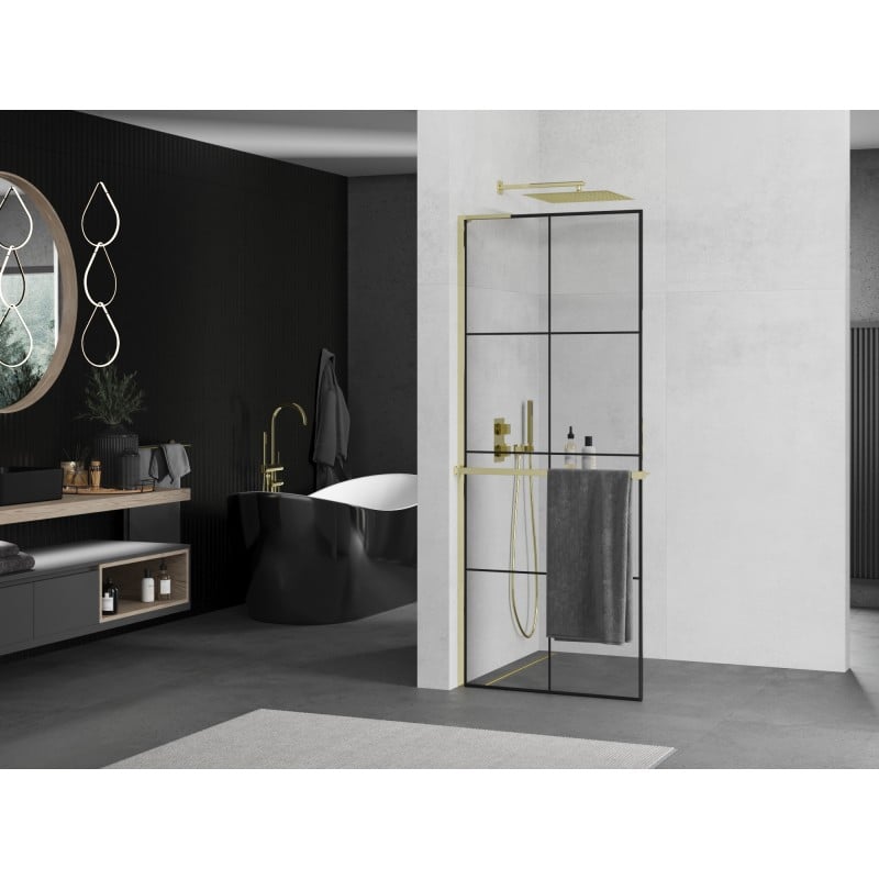 Mexen Kioto+ L Duschwand mit Regal Walk-in 70 x 200 cm, schwarzes Gitter, gold - 800-070-123-50-77
