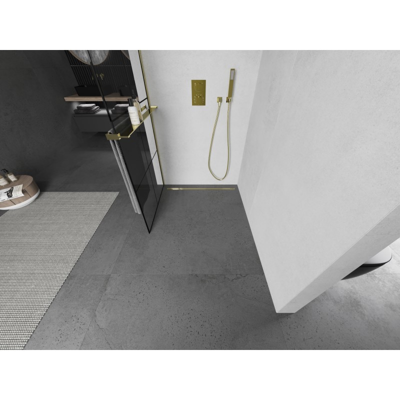 Mexen Kioto+ L Duschwand mit Regal Walk-in 70 x 200 cm, schwarzes Gitter, gold - 800-070-123-50-77