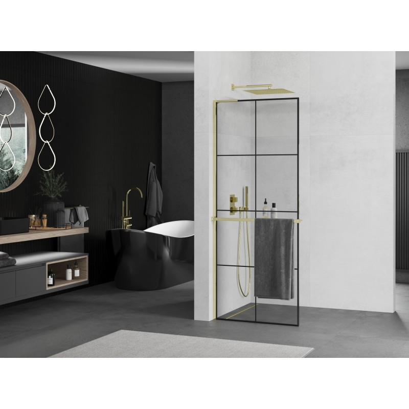 Mexen Kioto+ L Duschwand mit Ablage Walk-in 90 x 200 cm, schwarzes Gitter, gold - 800-090-123-50-77