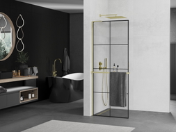 Mexen Kioto+ L Duschwand mit Ablage Walk-in 90 x 200 cm, schwarzes Gitter, gold - 800-090-123-50-77
