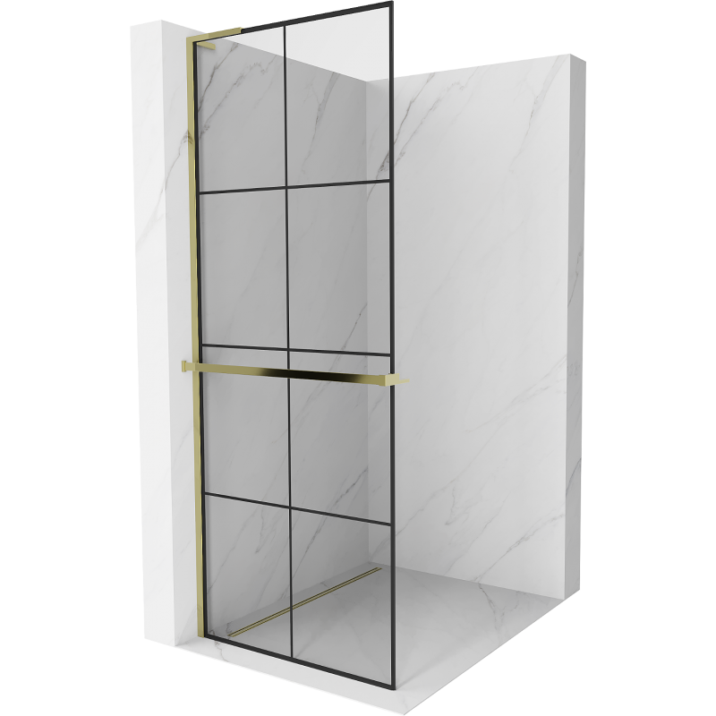 Mexen Kioto+ L Duschwand mit Ablage Walk-in 90 x 200 cm, schwarzes Gitter, gold - 800-090-123-50-77