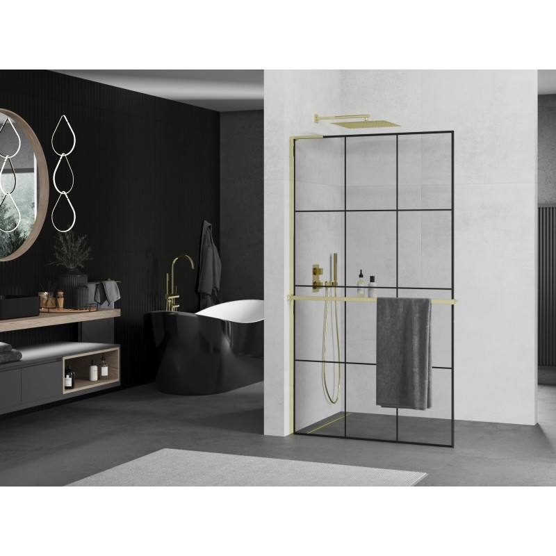 Mexen Kioto+ L Duschwand mit Ablage Walk-in 100 x 200 cm, schwarz kariert, gold - 800-100-123-50-77