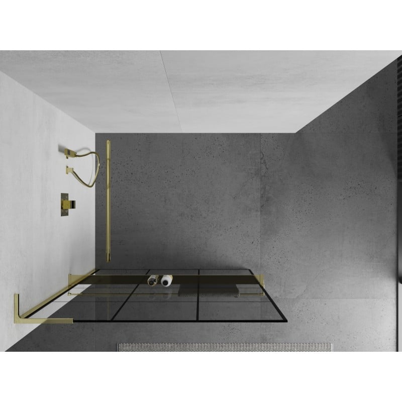 Mexen Kioto+ L Duschwand mit Ablage Walk-in 100 x 200 cm, schwarz kariert, gold - 800-100-123-50-77