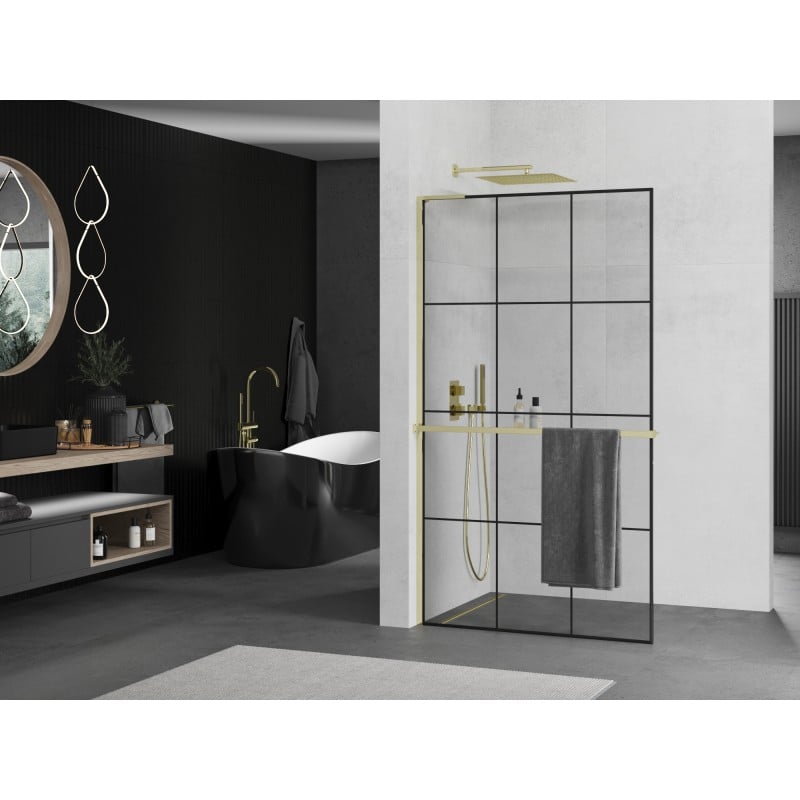 Mexen Kioto+ L Duschwand mit Regal Walk-in 110 x 200 cm, schwarzes Gitter, golden - 800-110-123-50-77