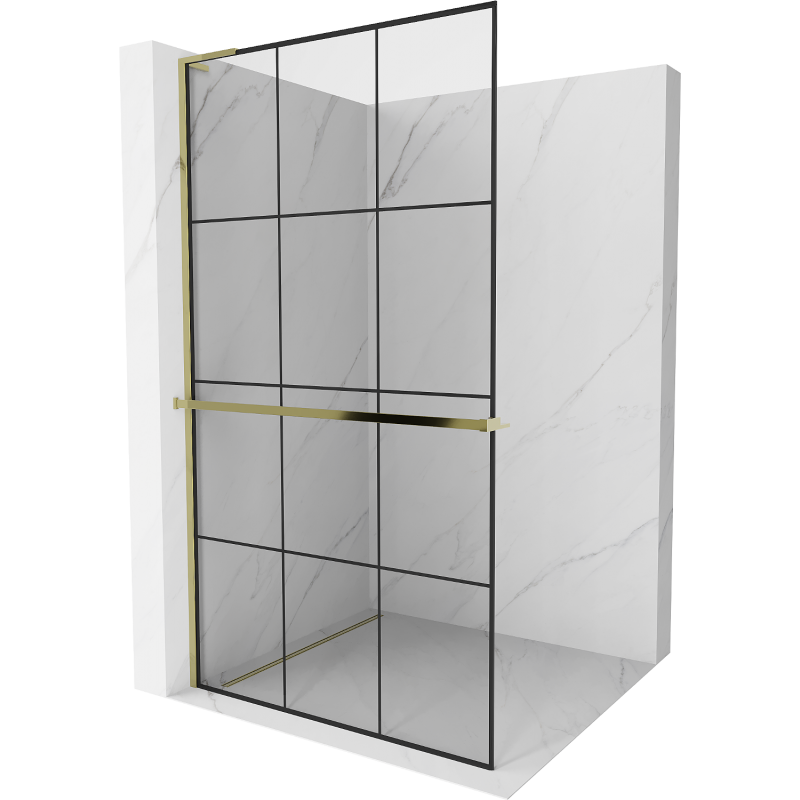 Mexen Kioto+ L Duschwand mit Regal Walk-in 110 x 200 cm, schwarzes Gitter, golden - 800-110-123-50-77