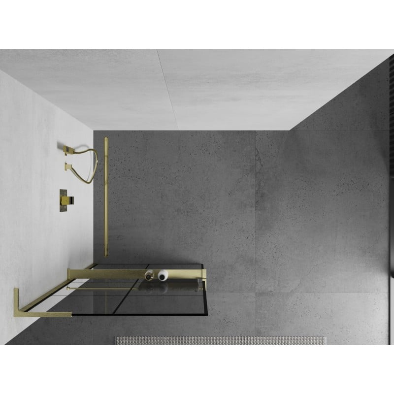 Mexen Kioto+ L Duschwand mit Ablage Walk-in 70 x 200 cm, schwarzes Gitter, gebürstetes Gold - 800-070-123-55-77
