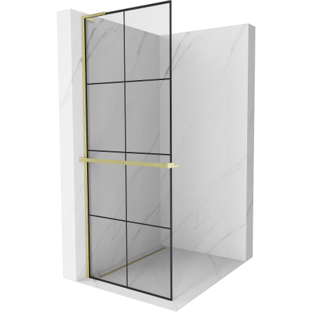 Mexen Kioto+ L Duschwand mit Ablage Walk-in 70 x 200 cm, schwarzes Gitter, gebürstetes Gold - 800-070-123-55-77