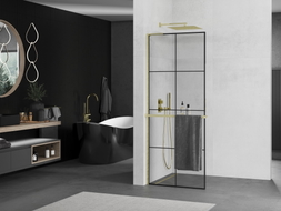 Mexen Kioto+ L Duschwand mit Ablage Walk-in 80 x 200 cm, schwarzes Gitter, gebürstetes Gold - 800-080-123-55-77