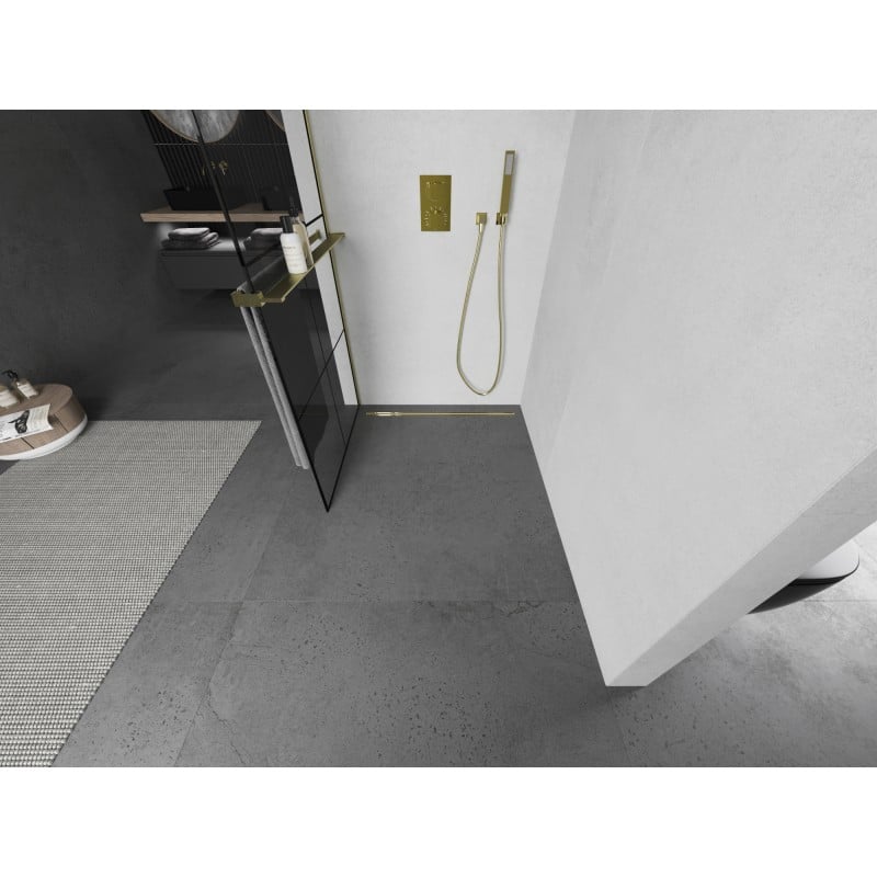 Mexen Kioto+ L Duschwand mit Ablage Walk-in 80 x 200 cm, schwarzes Gitter, gebürstetes Gold - 800-080-123-55-77