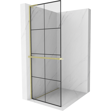 Mexen Kioto+ L Duschwand mit Ablage Walk-in 80 x 200 cm, schwarzes Gitter, gebürstetes Gold - 800-080-123-55-77