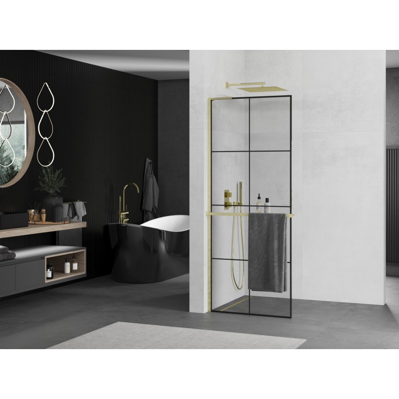 Mexen Kioto+ L Duschwand mit Regal Walk-in 90 x 200 cm, schwarzes Gitter, gebürstetes Gold - 800-090-123-55-77