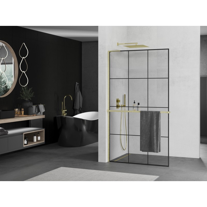 Mexen Kioto+ L Duschwand mit Regal Walk-in 100 x 200 cm, schwarzes Gitter, gebürstet Gold - 800-100-123-55-77