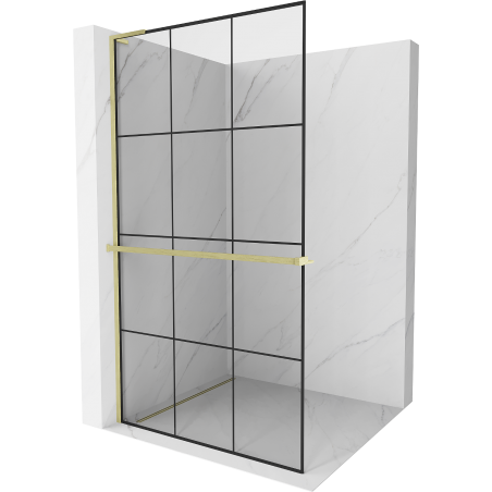Mexen Kioto+ L Duschwand mit Regal Walk-in 100 x 200 cm, schwarzes Gitter, gebürstet Gold - 800-100-123-55-77