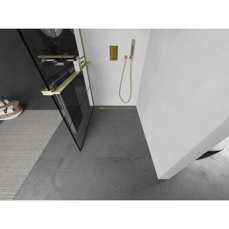 Mexen Kioto+ L Duschwand mit Ablage Walk-in 110 x 200 cm, schwarzes Gitter, gold gebürstet - 800-110-123-55-77
