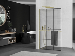 Mexen Kioto+ L Duschwand mit Ablage Walk-in 110 x 200 cm, schwarzes Gitter, gold gebürstet - 800-110-123-55-77