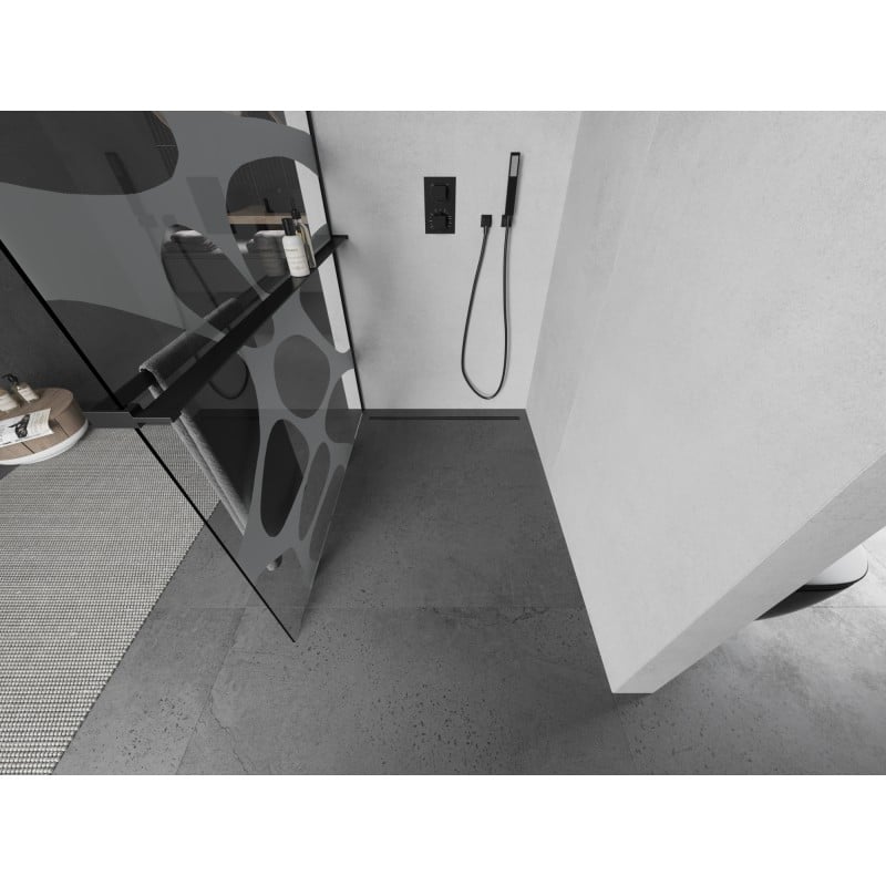 Mexen Kioto+ L Duschwand mit Regal Walk-in 70 x 200 cm, weiße Welle, schwarz - 800-070-123-70-97