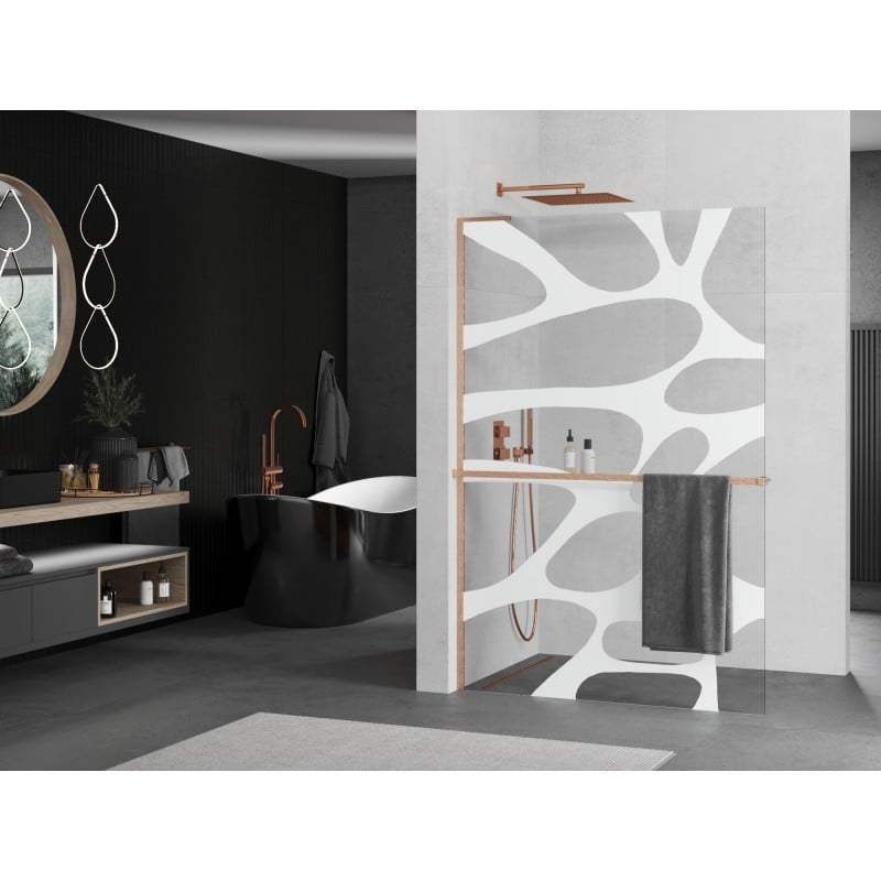 Mexen Kioto+ L Duschwand mit Ablage Walk-in 100 x 200 cm, weiße Welle, gebürstetes Kupfer - 800-100-123-65-97