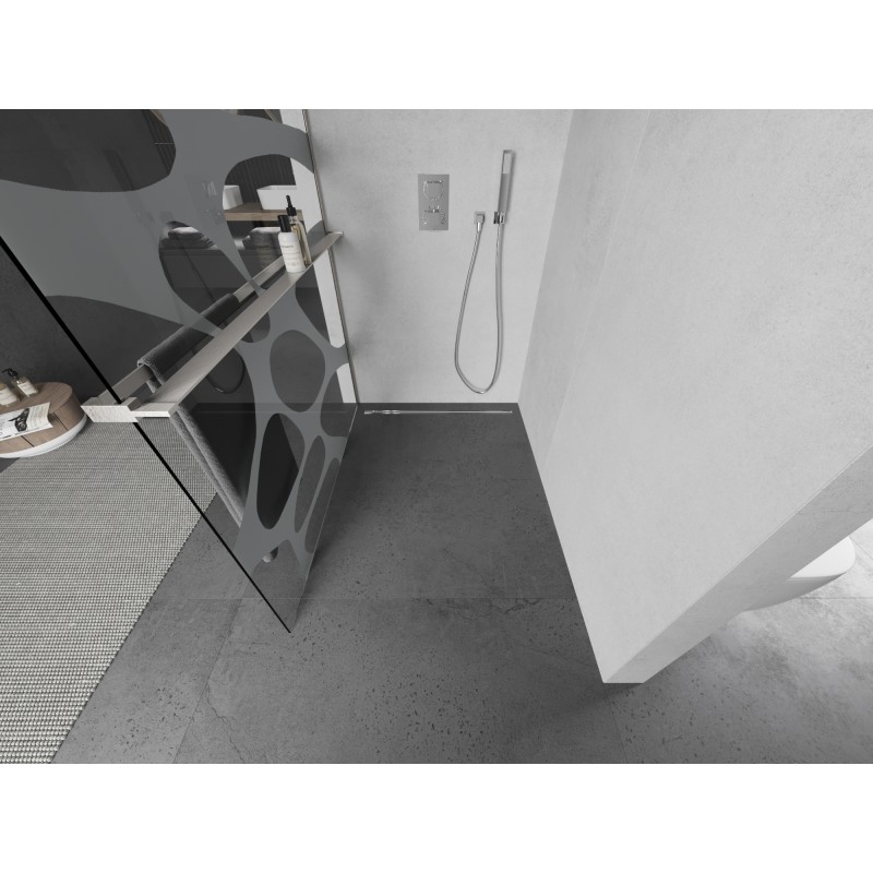 Mexen Kioto+ L Duschwand mit Regal Walk-in 100 x 200 cm, weiße Welle, gebürsteter Nickel - 800-100-123-97-97