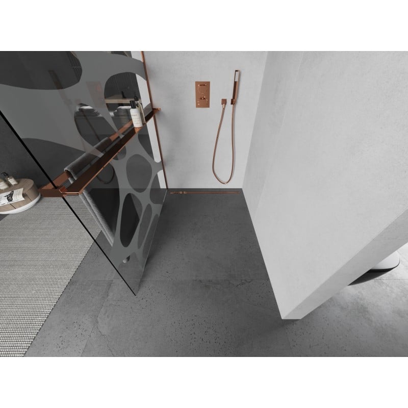 Mexen Kioto+ L Duschwand mit Regal Walk-in 120 x 200 cm, weiße Welle, Roségold - 800-120-123-60-97
