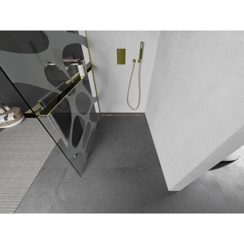 Mexen Kioto+ L Duschwand mit Ablage Walk-in 80 x 200 cm, weiße Welle, gold - 800-080-123-50-97