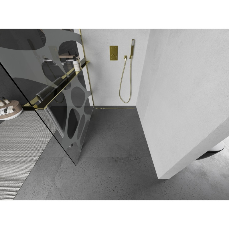 Mexen Kioto+ L Duschwand mit Regal Walk-in 110 x 200 cm, weiße Welle, gold - 800-110-123-50-97