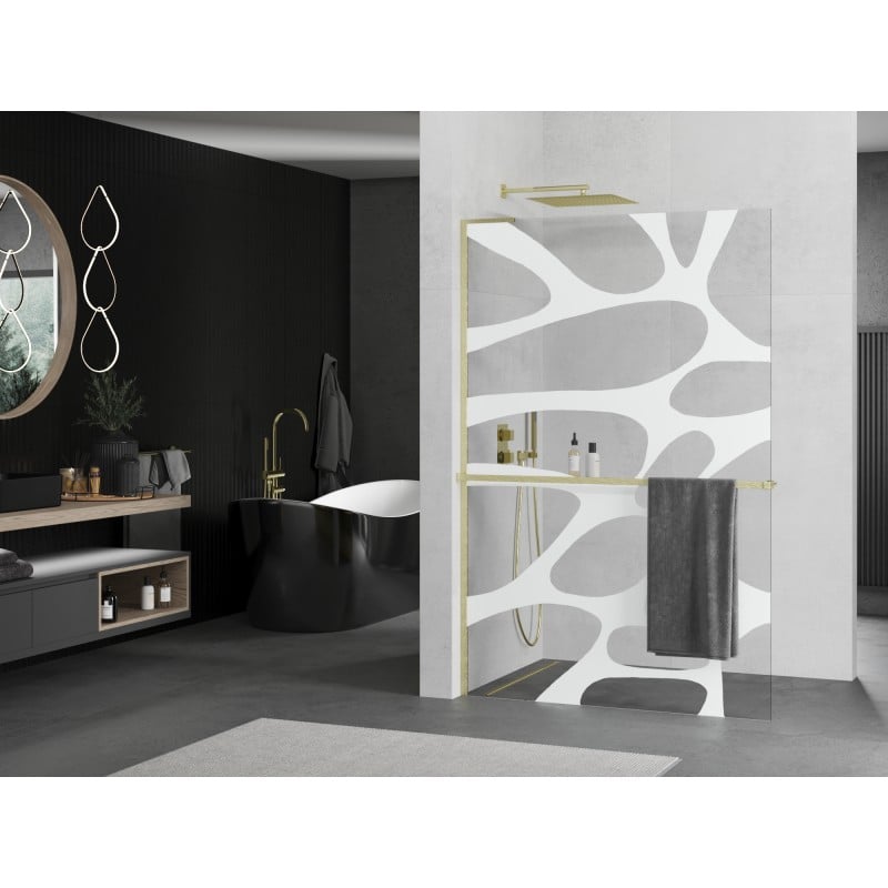 Mexen Kioto+ L Duschwand mit Ablage Walk-in 70 x 200 cm, weiße Welle, gebürstetes Gold - 800-070-123-55-97