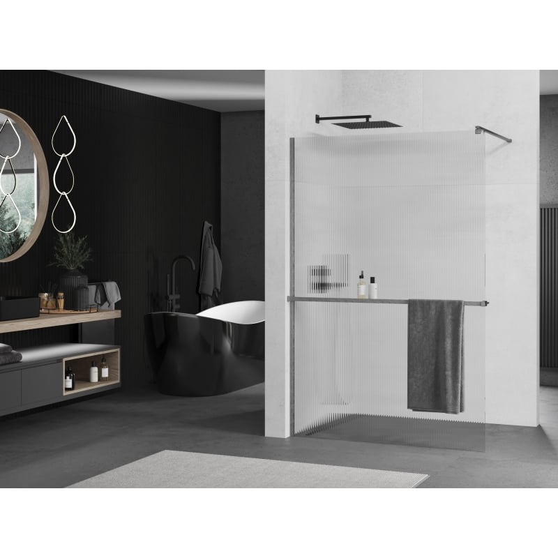 Mexen Kioto+ Duschwand mit Ablage Walk-in 70 x 200 cm, Streifen, gebürstet in Gun Gray - 800-070-121-66-09