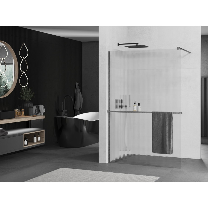 Mexen Kioto+ Duschwand mit Regal Walk-in 120 x 200 cm, Streifen, gebürstetes Gun Gray - 800-120-121-66-09