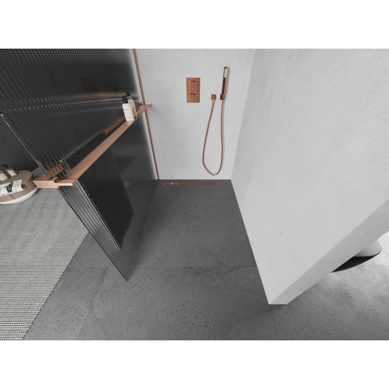 Mexen Kioto+ Duschwand mit Regal Walk-in 70 x 200 cm, Rillen, gebürstetes Kupfer - 800-070-121-65-09