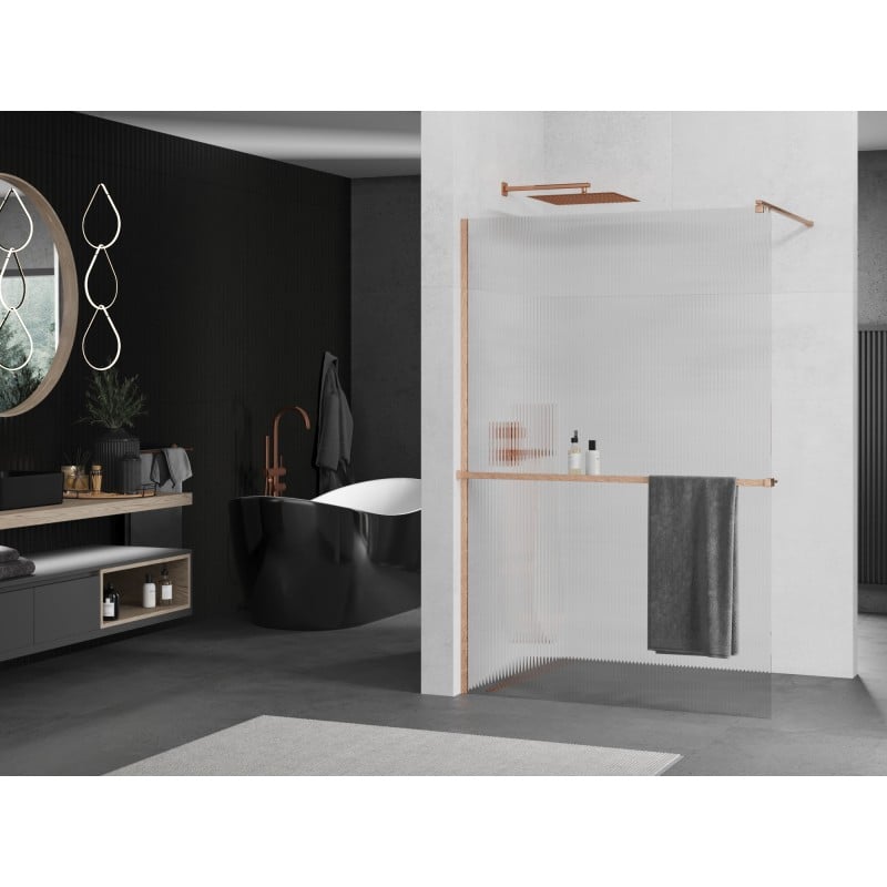 Mexen Kioto+ Duschwand mit Ablage Walk-in 90 x 200 cm, Rillen, gebürstetes Kupfer - 800-090-121-65-09