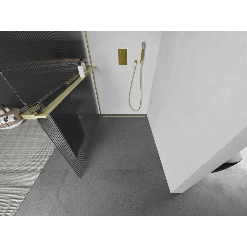 Mexen Kioto+ Duschwand mit Ablage Walk-in 80 x 200 cm, Streifen, gold gebürstet - 800-080-121-55-09