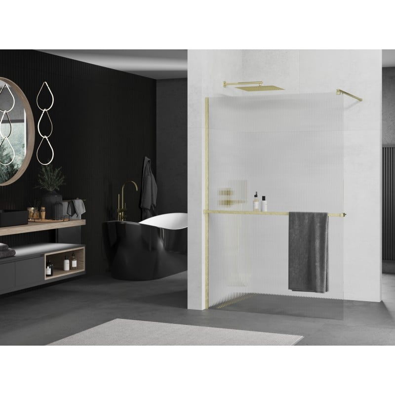 Mexen Kioto+ Duschwand mit Ablage Walk-in 100 x 200 cm, Streifen, gebürstetes Gold - 800-100-121-55-09