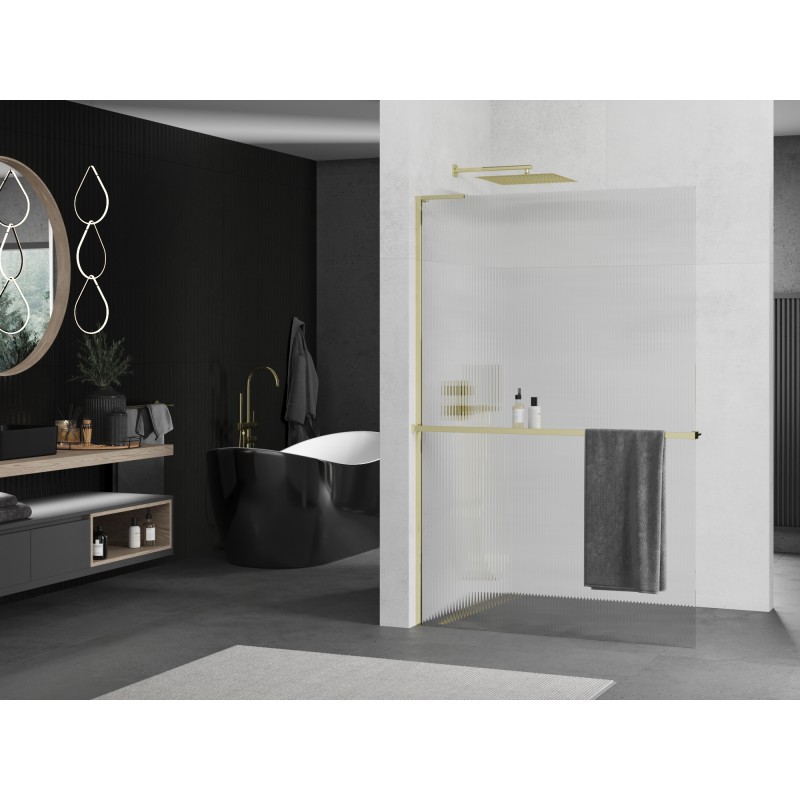 Mexen Kioto+ L Duschwand mit Regal Walk-in 80 x 200 cm, Streifen, Gold - 800-080-123-50-09