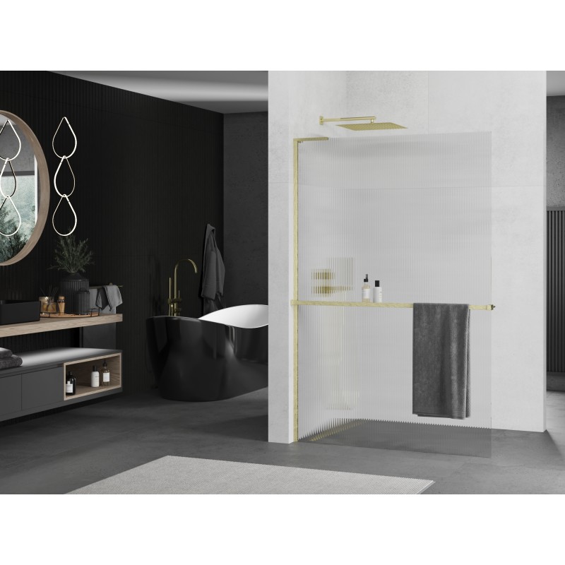 Mexen Kioto+ L Duschwand mit Regal, Walk-in 80 x 200 cm, Streifen, gebürstetes Gold - 800-080-123-55-09