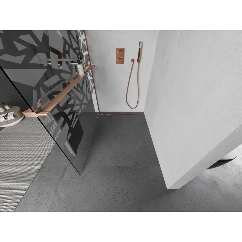 Mexen Kioto+ L Duschwand mit Regal Walk-in 90 x 200 cm, weißes Muster, gebürstetes Kupfer - 800-090-123-65-85