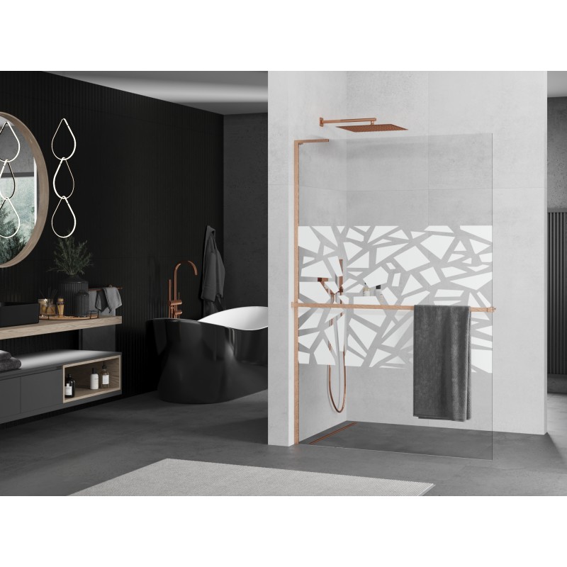 Mexen Kioto+ L Duschwand mit Regal Walk-in 90 x 200 cm, weißes Muster, gebürstetes Kupfer - 800-090-123-65-85