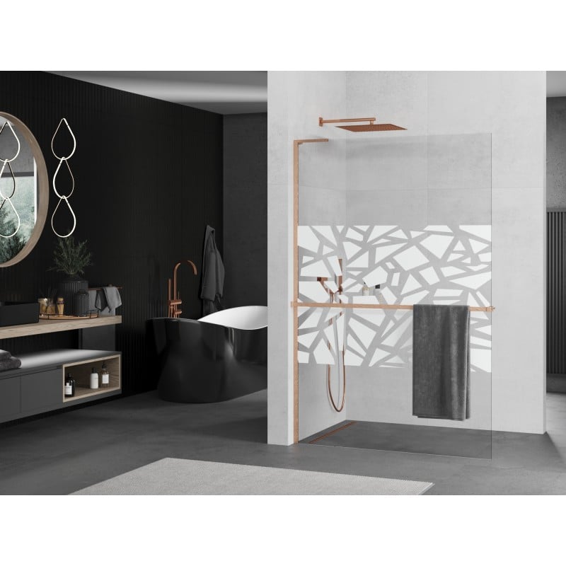 Mexen Kioto+ L Duschwand mit Regal Walk-in 120 x 200 cm, weißes Muster, gebürstetes Kupfer - 800-120-123-65-85
