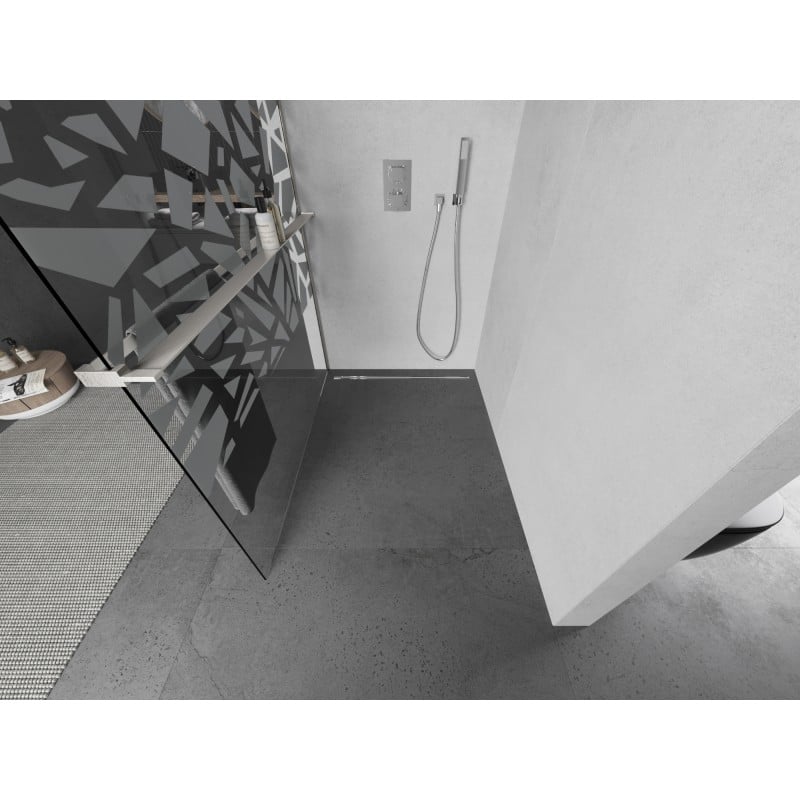 Mexen Kioto+ L Duschwand mit Regal Walk-in 80 x 200 cm, weißes Muster, gebürsteter Nickel - 800-080-123-97-85