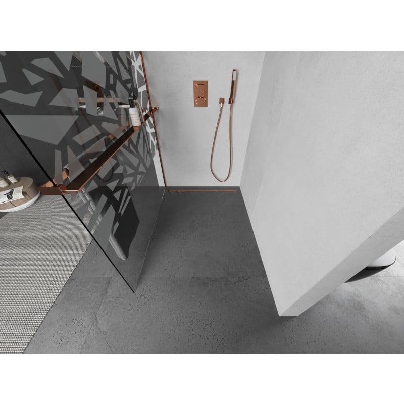 Mexen Kioto+ L Duschwand mit Ablage Walk-in 90 x 200 cm, weißes Muster, Roségold - 800-090-123-60-85