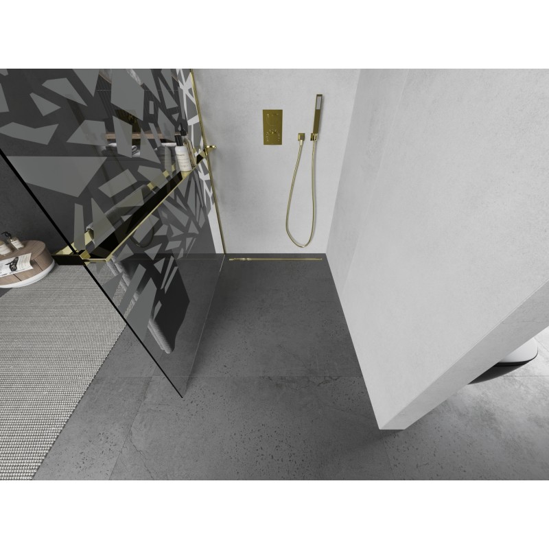 Mexen Kioto+ L Duschwand mit Ablage Walk-in 70 x 200 cm, weißes Muster, gold - 800-070-123-50-85