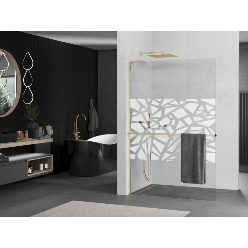Mexen Kioto+ L Duschwand mit Regal Walk-in 90 x 200 cm, weißes Muster, gold - 800-090-123-50-85