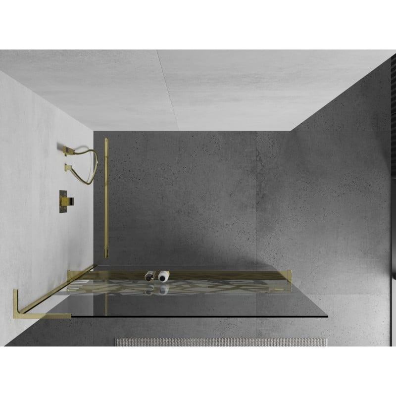Mexen Kioto+ L Duschwand mit Regal Walk-in 90 x 200 cm, weißes Muster, gold - 800-090-123-50-85