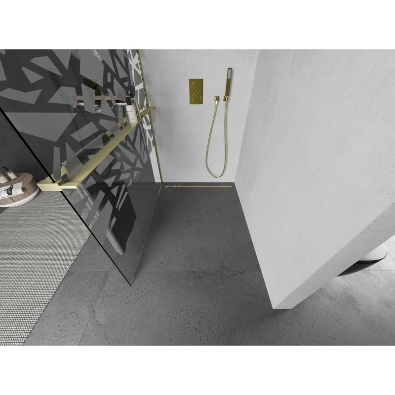Mexen Kioto+ L Duschwand mit Regal Walk-in 80 x 200 cm, weißes Muster, gebürstet gold - 800-080-123-55-85