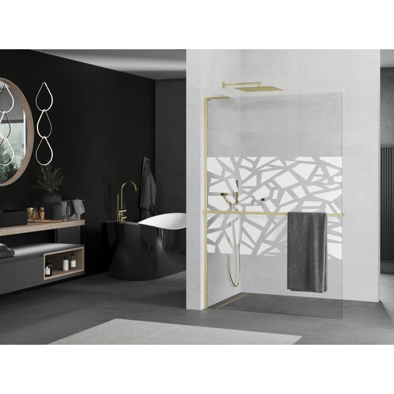 Mexen Kioto+ L Duschwand mit Ablage Walk-in 100 x 200 cm, weißes Muster, gebürstet Gold - 800-100-123-55-85