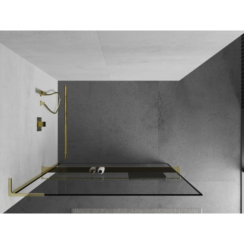 Mexen Kioto+ L Duschwand mit Ablage Walk-in 120 x 200 cm, schwarzer Rahmen, gold - 800-120-123-50-70